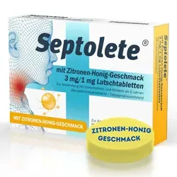 Septolete Halstabletten mit Zitronen-Honig-Geschmack 3 Mg/1 Mg - Arzneimittel zur Linderung von Halsschmerzen mit entzündungshemmenden und antiseptischen Eigenschaften. Schnelle Hilfe und langanhaltende Wirkung bis zu 3 Stunden, zucker- und glutenfrei.