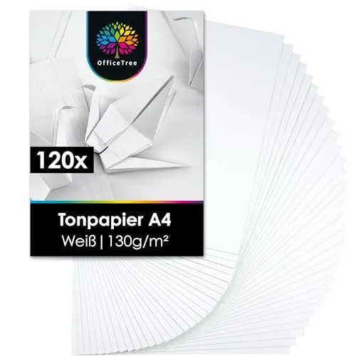 OfficeTree 120 Blatt Tonpapier Weiß A4 130g/m² Weißes Bastelpapier - Tonkarton A4 Weiß zum Basteln und Gestalten