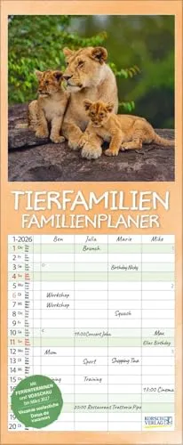 Tierfamilien Familienplaner 2026: Familientimer - 4 große Spalten mit viel Platz. Hochwertiger Familienkalender für Tierliebhaber und Vorschau bis März 2027. 19 x 46 cm.