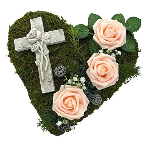 Grabgesteck Moosherz mit Rosen und Kreuz - Frische Gestecke & Kränze, liebevoll handgearbeitetes Moosherz mit 3D Kreuz und Rosen, wetterfest und einzigartig.