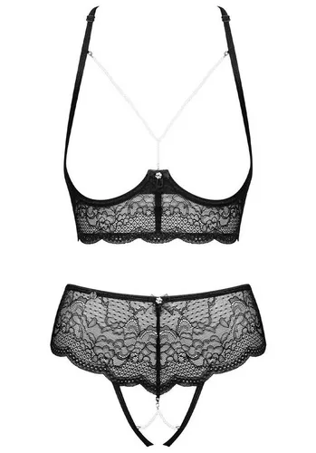 Obsessive Set: Bügel-BH 2-tlg Dessous-Set: offene Cups und Perlen BH Tanga Spitze schwarz (2-tlg) transparente Spitze mit Perlenketten