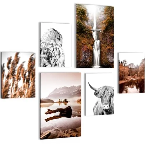 Novart Wandbilder Set Natur Berge See Orange Braun - KEIN EXTRA RAHMEN BENÖTIGT - Modern Deko - Wohnzimmer Schlafzimmer N005567a