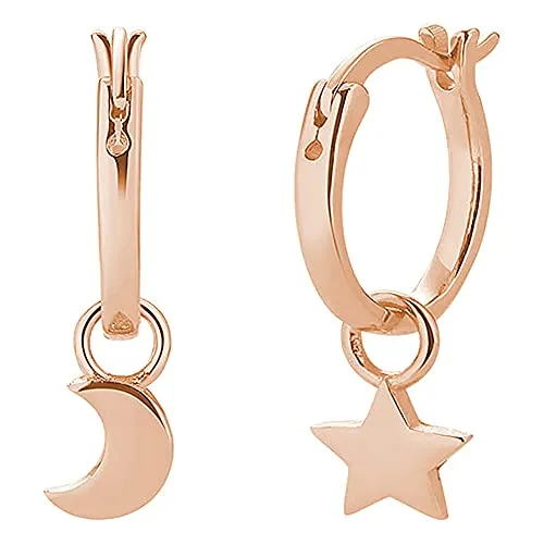 Sterling Silber Creolen mit Anhänger Ohrringe für Damen, Mädchen und Frauen Kreolen hängend klein mit Mond und Stern (Rosegold) 925