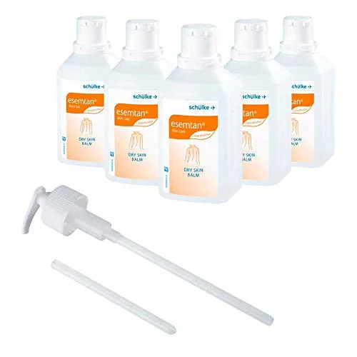 5x 500 ml Schülke Esemtan® Dry Skin Balm Pflegebalsam Haut Lotion Creme, farbstofffrei + 1x Dosierpumpe