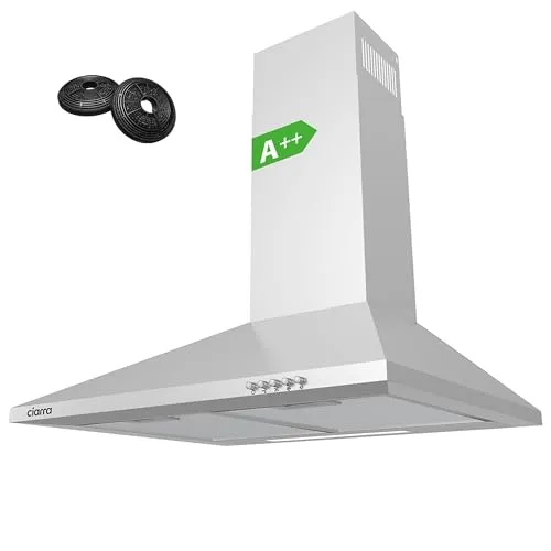 CIARRA CBCS6201 A++ Dunstabzugshaube 60 cm Umluft 370 m³/h - Moderne Edelstahl-Pyramide Dunstabzugshaube mit 370 m³/h Saugkraft, energiesparend und leise mit nur 62 dB(A). Ideal für effektive Luftzirkulation in Ihrer Küche.