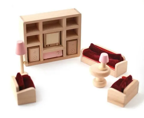 Puppenhaus Pink Holz Wohnzimmer Set Rot Sofa Miniatur 3 Jahre + Möbel