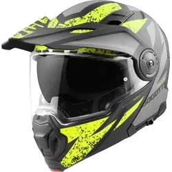 Bogotto FG-102 Safari Fiberglas Enduro Klapphelm, schwarz matt/grau/gelb, M - Motorradhelm mit Fiberglas-Außenschale, integriertem Sonnenvisier und herausnehmbarem Innenfutter – ideal für Brillenträger und komfortabel für lange Fahrten.