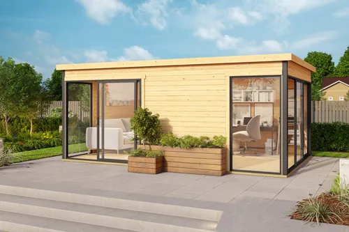 Gartenhaus Blockhaus Pultdach 44 mm Domeo 3 – 508x321 cm - Robustes Gartenhaus mit Pultdach, 15,67 m² Nutzfläche und abschließbaren Türen. Ideal für Gartenlagerung und Freizeitgestaltung. Inklusive Boden und einfache Montage.
