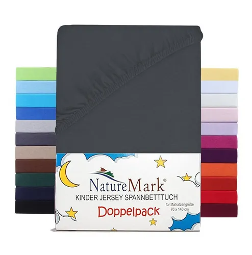 NatureMark Spannbettlaken Jersey Spannbetttuch, 100% Baumwolle, Gummizug: rundum, (2 Stück), Kinder Spannbetttuch, für Baby-/Kinderbett, 70x140 cm, Anthrazit