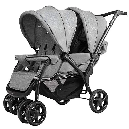 KOMFOTTEU Kinder-Buggy Geschwisterwagen - Kinderbuggys mit verstellbarem Lenker und 5-Punkt-Gurt für maximale Sicherheit. Ideal für Familienausflüge, schützt vor Sonne und bietet Platz für Babyutensilien.
