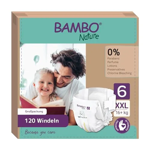 Bambo Nature Baby Windeln Größe 6 (16+kg) - 120 St. Monatsbox - Einweg-Babywindeln mit verbessertem Auslaufschutz und atmungsaktiven Materialien für ultimativen Komfort und Freiheit für aktive Kinder.