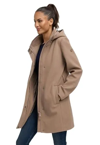 MARIKOO Damen Übergangsmantel - Eleganter Mantel mit Taillengürtel und abnehmbarer Kapuze - Funktionsjacken, warmer Damen Wintermantel mit 4 praktischen Taschen und perfekter Passform für alle Größen, ideal für kaltes Wetter.