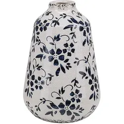 Beliani Blumenvase Weiß, Vintage 20 cm - Retro Blumenvase aus handgefertigtem Steinzeug in Weiß mit blauem Blumenmuster. Ein einzigartiger Hingucker, der Ihre Dekoration aufwertet und langlebig sowie pflegeleicht ist.