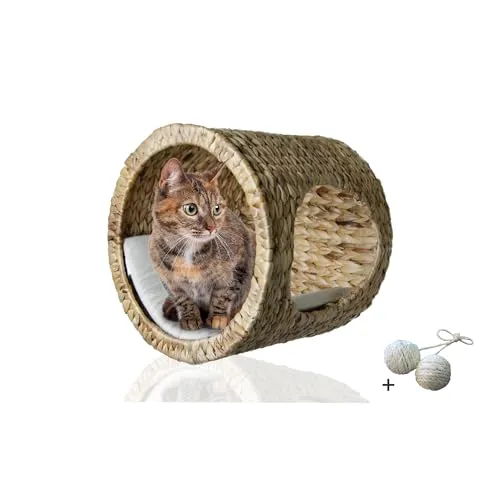 Rohrschneider Katzen-Kletterwand Katzenhöhle - Kratzbaum für Katzen, aus natürlicher Wasserhyazinthe, bietet eine gemütliche Schlafhöhle und ist ideal für platzsparende Wandmontage.