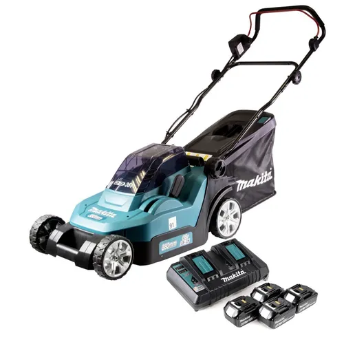 Makita DLM 432 PG4 Akku Rasenmäher 36 V - Rasenmäher mit 43 cm Schnittbreite, leistungsstarkem Brushless-Motor und 4x 6,0 Ah Akkus für längere Einsatzzeiten. Ideal für große Gärten.