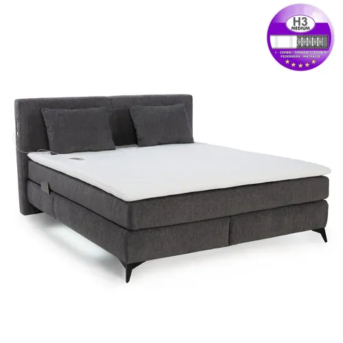 Boxspringbett 180x200 mit H3 Federkernmatratzen und LED-Licht - Modernes Boxspringbett in Dunkelgrau mit 7-Zonen-Tonnentaschen-Federkern und Kaltschaum-Topper. Ausgestattet mit praktischen USB-Ladeports für ein komfortables Schlafzimmer.