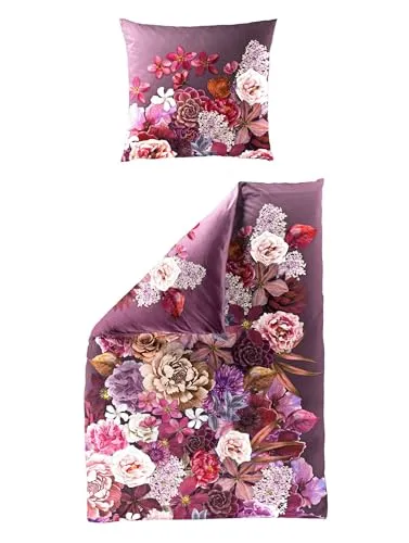 JACK by Bierbaum Mako Satin Bettwäsche 135x200cm - Bettwäsche-Set aus hochwertigem Mako Satin mit traumhaften Blumenmotiven in Lila und Brombeer, pflegeleicht und mit praktischem Reißverschluss für einfachen Bezug.