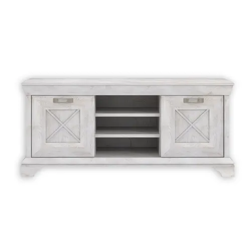 TV-Lowboard Pinie Weiß 147 cm - Stilvolles TV-Board im Landhausstil - Kategorie: TV-Halterungen. Dieses TV-Lowboard bietet 5 Regalfächer und 2 Türen im charmanten Landhausstil, perfekt für eine gemütliche Wohnzimmeratmosphäre.