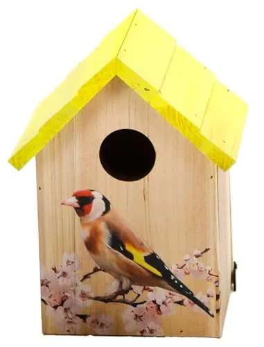 Vogelhaus/Nistkasten aus Holz zum Hängen oder Stellen, für kleinere Vögel wie Spatzen, Meisen etc., seitlich zu öffnen, rundes Einflugfenster Ø ca. 3,2 cm, fest verschraubter Aufhänger (Gelb)