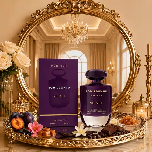 TOM EDWARD Eau de Parfum Velvet for Her - Fruchtig Süßer Damenduft 100 ml - Ein luxuriöser Damenduft, der Frische und Eleganz vereint. Mit fruchtigen Noten von Kirsche und Erdbeere sowie einem warmen, sinnlichen Finish. Ideal für besondere Anlässe und unvergessliche Momente.