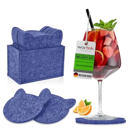 wortek Filz Untersetzer Gläser Blau in Katzenform – 10er Set mit Aufbewahrungsbox, Glasuntersetzer für Getränke, Tassen, Bar, Glas - Ø 10cm Tischuntersetzer Filzuntersetzer Gläser