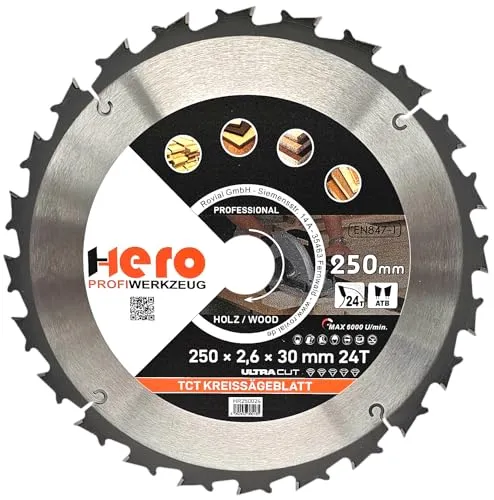 HERO Kreissägeblatt Hartmetall Sägeblatt TCT Ersatzsägeblatt Sägeblätter Kreissäge Holz/ALU Kreissägeblätter Tischkreissäge, Kappsäge (Für Holz/Holzwerkstoffe, Ø 250 x 30/20mm, 24T)
