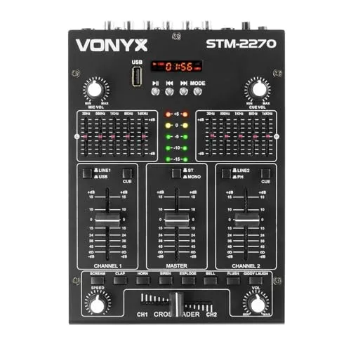 Vonyx STM2270 2-Kanal DJ Mischpult Bluetooth, DJ Mischer, Audio Mixer mit USB MP3 Player, DJ Controller mit Effekten, Crossfader, Mikrofonanschluss, Talkoverfunktion, DJ, Musiker, Club, Bar, Gastro