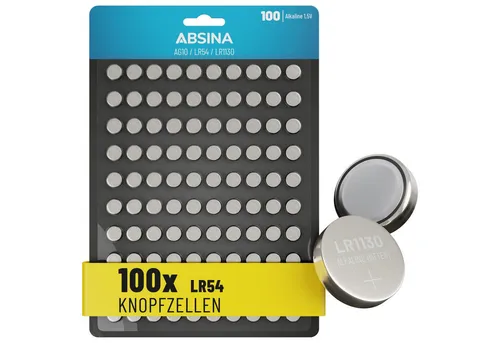 ABSINA AG10 LR1130 Knopfzelle 10er Pack - 1,5V Alkaline Knopfzellen Knopfzelle, (1,5V V, 1 St), Temperaturbeständig bei -10°C bis +50°C