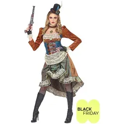 Carnival Party Steampunk Kostüm 3tlg. für Damen, Größe M - Faschingskostüme: 3-teiliges Steampunk-Kostüm in Hellbraun und Blau, inkl. Kleid, Handschuhe und Hut. Ideal für Fasching und Karneval, verziert mit Spitze und Zierknöpfen.