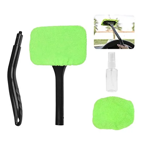 BUYGOO Auto Scheibenreiniger innen Scheibenreinigungswerkzeug (5PCS) - Autoscheibenreiniger mit schwenkbar Gelenk Kopf 35cm Griff, 2PCS Waschbar Mikrofaser Tücher, Spray für Auto Haus Küchen (Grün)
