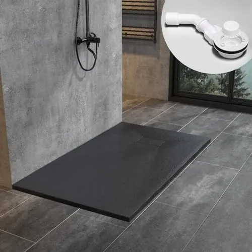 WITEN&NOCK SMC Duschwanne 140x80cm schwarz Brausewanne Duschtasse extra flache Steinoptik Antirutsch inkl. Abdeckung und Ablaufgarnitur Ø90mm Siphon