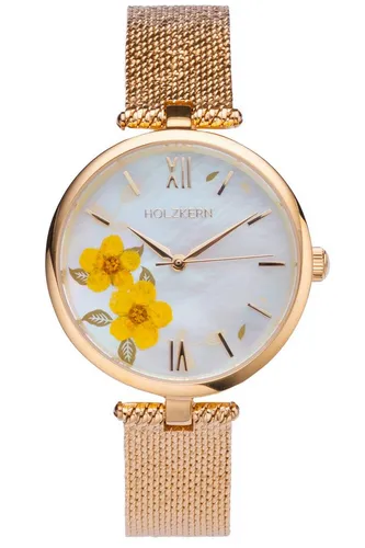 Holzkern Quarzuhr Everbloom Pflaumenblüte Gelb/Goldfarben - Elegante Armbanduhr für Frauen mit einzigartigem Zifferblatt aus weißem Perlmutt und kunstvollen Pflaumenblüten, ausgestattet mit präzisem japanischem Quarzwerk und wasserdicht bis 5 bar.