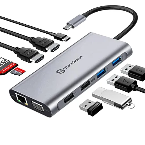 Docking Station USB C, Dockingstation 3 Monitore, 11-1 Typ C Hub mit Ethernet, 2 HDMI, VGA, PD3.0, SD TF Card Slot, 4 USB Ports USB-C Adapter Kompatibel für MacBook & Windows