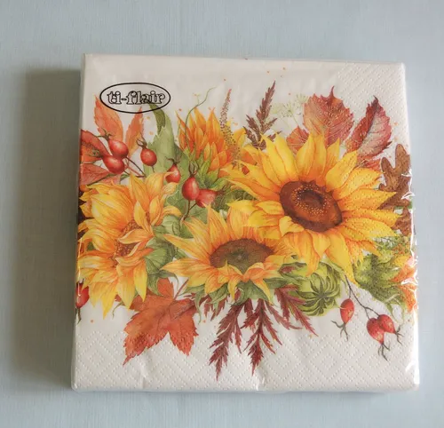Servietten Herbst Sonnenblumen an Herbstblätter als Tischdeko. Papierservietten mit Motiv. Auch für Decoupage und Serviettentechnik 33x33cm 20