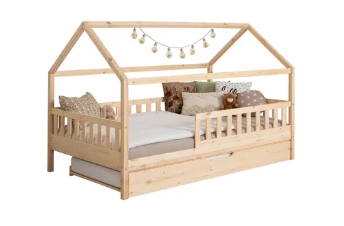 TiCAA Kinderbett Hausbett Kay 90x200 cm - 140x200 cm - Skandinavisches Montessori Kinderbett mit Rolllattenrost und Rausfallschutz, ideal für kreative Gestaltung und Selbstständigkeit im Kinderzimmer.