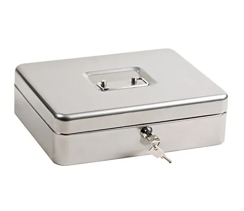 ProfiOffice Aufbewahrungsbox aus Stahl | abschließbar | Sortier-Einsatz herausnehmbar | 25 x 18 x 9 cm | Kasse mit 2 Schlüsseln | geeignet für Kleinteile, Dokumente und Münzen | Silber (10028)