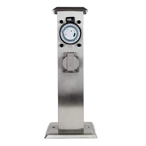 Grafner Edelstahl Design Gartensteckdose mit Zeitschaltuhr - Steckdosen & Zubehör – Wetterfeste 2-fach Steckdose mit flexibler Zeitschaltuhr für individuelle Gartenbeleuchtung und Gerätebetrieb.