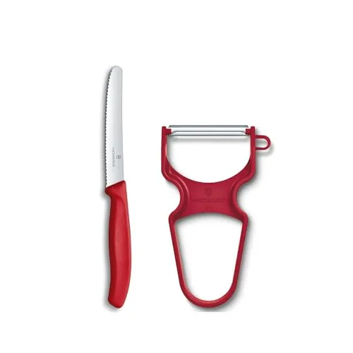 Victorinox Swiss Classic Gemüsemesser-Set, 2-teilig, Inkl. Tomatenmesser Wellenschliff und Sparschäler, Scharfe Klinge, Spülmaschinengeeignet, rot