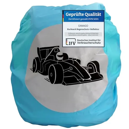 EANAGO Premium Regenschutz für Schulranzen und Rucksack - mit großem Sicherheitsreflektor - 100% wasserdichte Regenhülle - universell passend - Regenüberzug Ranzenhülle (Blau_Formel1)