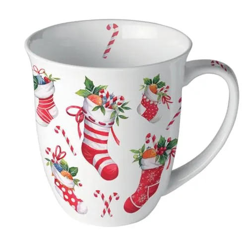 Ambiente Kaffeetasse Teetasse Jumbo Becher 0,4 l Fine Bone China Porzellan Socken mit Dekoration Weihnachten Advent serie xmas stockings