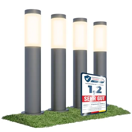 linovum BOSEA-A Wegeleuchten 4 Stück E27 Outdoor Pollerleuchte - 4er Set Edelstahl-Wegeleuchten mit E27 Fassung, ideal für Gartenwege. IP44 Schutz macht sie wetterfest und perfekt für stimmungsvolle Lichtakzente im Außenbereich.