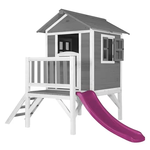 AXI Spielhaus Beach Lodge XL in Grau mit Rutsche in Lila | Stelzenhaus aus FSC Holz für Kinder | Kleiner Spielturm für den Garten