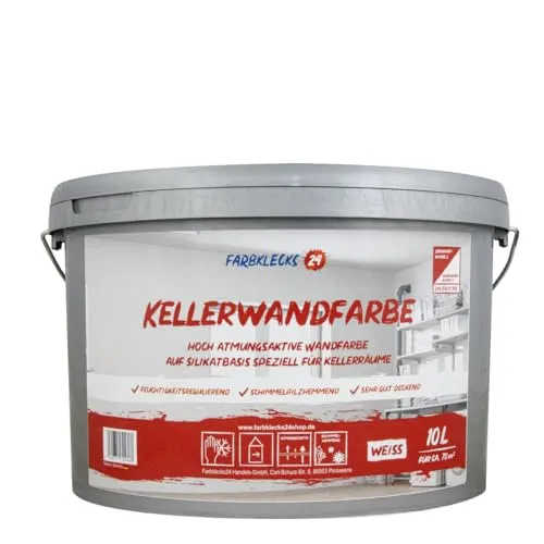 Farbklecks24 Kellerwandfarbe 10L weiß, atmungsaktive Wandfarbe, Silikatfarbe Keller, Keller Farbe
