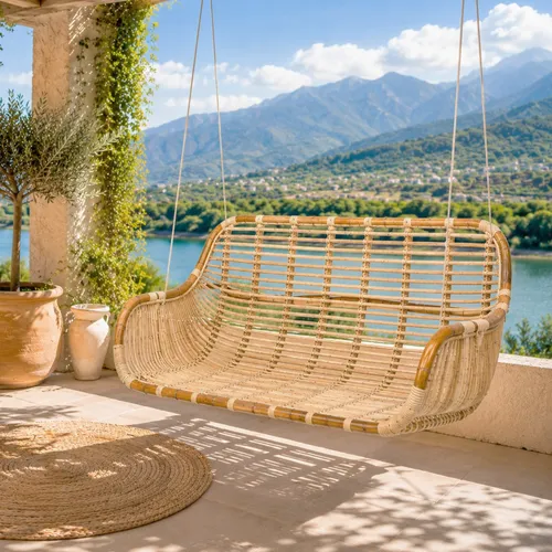 Hängesessel Schaukel Lounge 2 Sitzer - Beige Natur für Garten und Terrasse - Sitzbank für 2 Personen aus handgefertigtem Holz, schaukelndes Design für entspannte Stunden im Freien, ideal für Terrasse oder Garten.