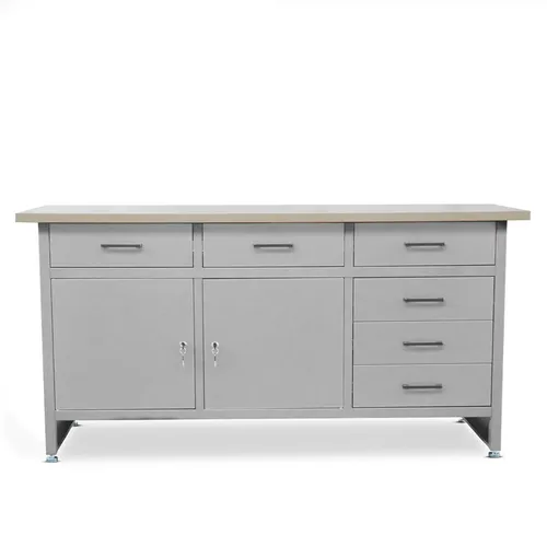 Werkbank HENRY mit 6 Schubladen und verstellbaren Füßen – 170x60x85 cm - Entdecken Sie die vielseitige Werkbank HENRY mit einer großzügigen Arbeitsplatte und 6 praktischen Schubladen. Belastbar bis 500 kg, ideal für Garage oder Werkstatt. Verstellbare Füße sorgen für Stabilität auf unebenem Boden.