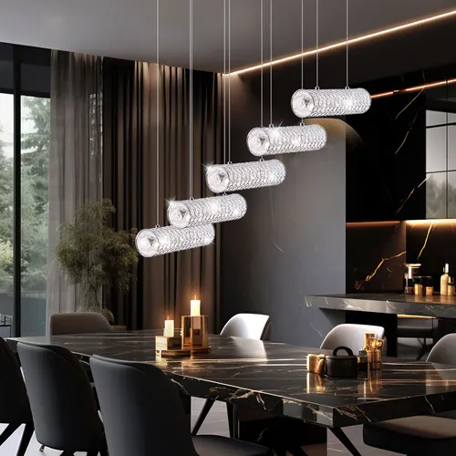 Moderne LED Pendelleuchte mit Glas Kristallen - Elegante Pendelleuchte aus Metall mit klaren Glas-Kristallen, ideal für Wohn- und Esszimmer. Inklusive 5 energieeffizienten LED-Leuchtmitteln mit 420 Lumen pro Lampe für strahlendes Licht.