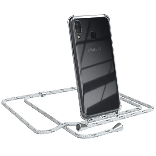 EAZY CASE Handykette kompatibel mit Samsung Galaxy M20 Handyhülle mit Umhängeband, Handykordel mit Schutzhülle, Silikonhülle, Hülle mit Band, Stylische Kette mit Hülle für Smartphone, Weiß/Silber