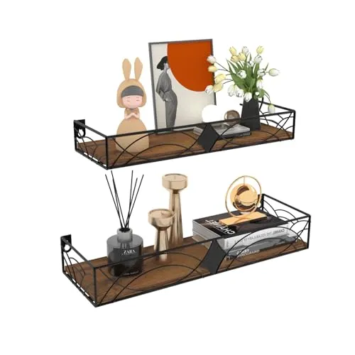 HORLIMER Schwebende Wandregal Schwarz, Schweberegal mit Metal Stäben und Holzbrett, Rustikale Regal Wand für Küche, Bad, Schlafzimmer, Wohnzimmer, Büro (2 Stück)