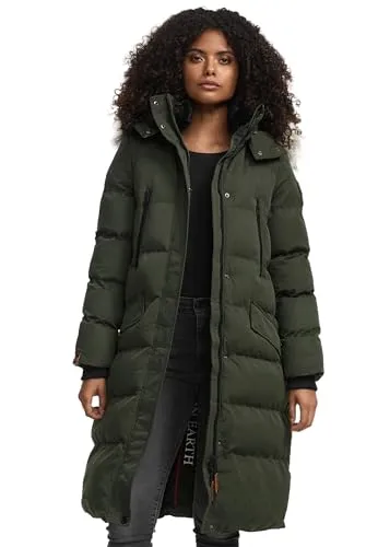 MARIKOO lange Damen Winterjacke warmer Parka gesteppt mit Kapuze B890 [B890-Schneestern-Olive-Gr.L]