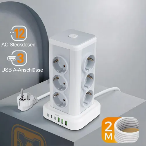 Mehrfachsteckdose mit LED-Beleuchtung und 2x USB - Überspannschutz & Mehrfachstecker, 3-fach Eck-Mehrfachsteckdose mit praktischen USB-Anschlüssen für komfortable Nutzung in jeder Ecke.